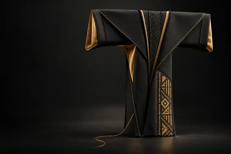Letter T made of black fabric with gold lining, embroidery and a loose gold thread by THE TAILOR, Ikorodu, Lagos