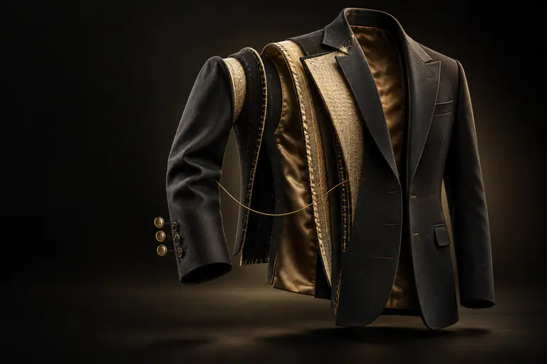 Single-breasted black jacket opened in layers: shell, canvas, gold lining and thread by THE TAILOR, Ikorodu, Lagos