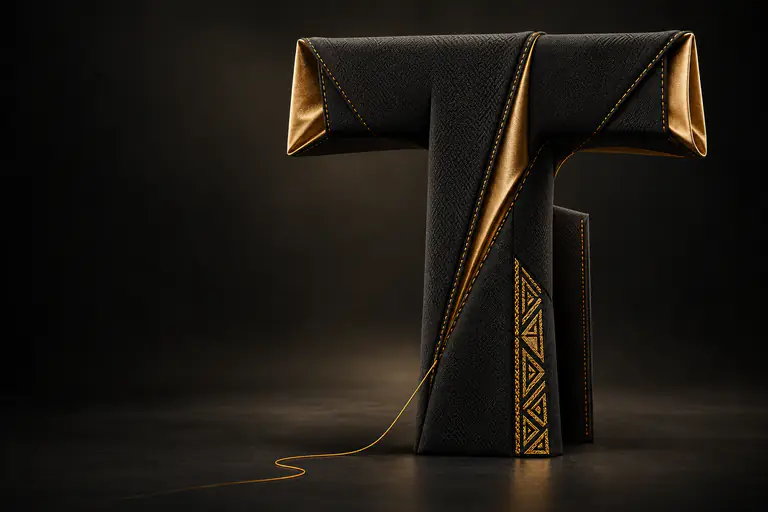 Letter T in black fabric with gold lining and a gold thread trailing off by THE TAILOR, Ikorodu, Lagos